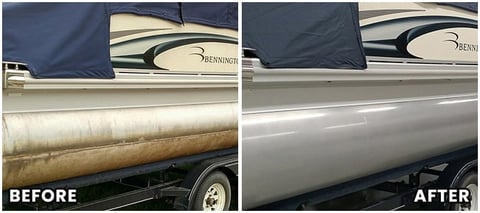 Before and after comparison of boat hull cleaning and restoration showing oxidized aluminum transformed to shiny polished surface